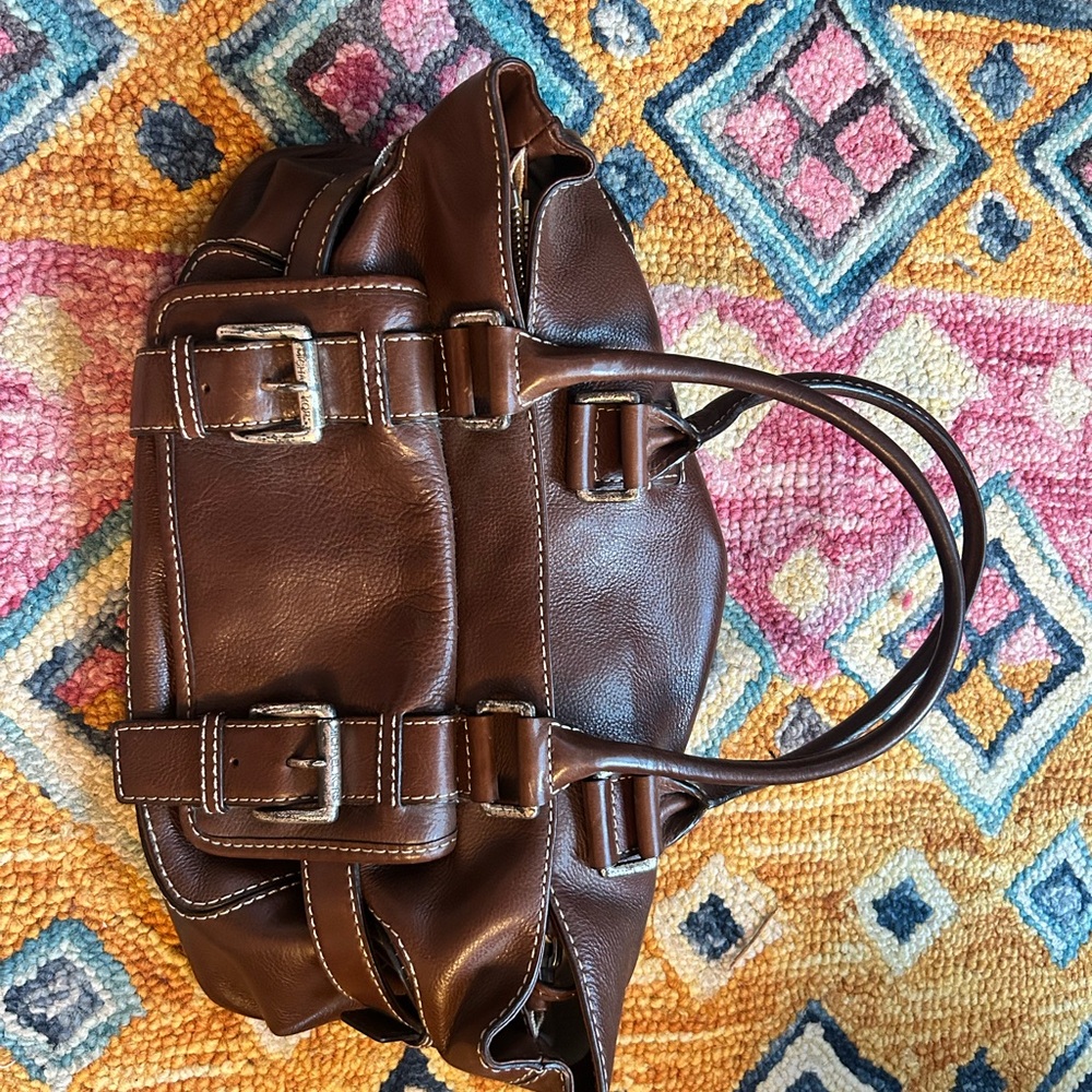 Brown Leather Handbag with Buckle Accents